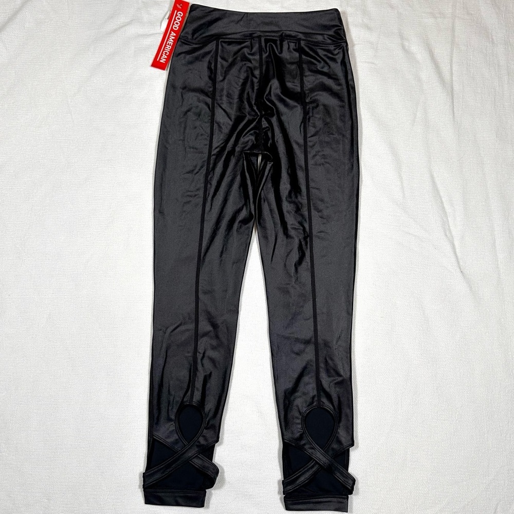 Good American Liquid Cross Over Faux Leather Leggings Black NWT 2 High Rise - Picture 2 of 7